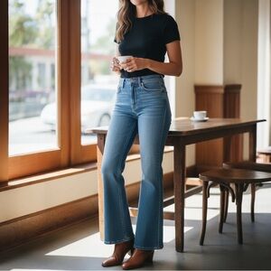 FULL LENGTH LEVI’S RIBCAGE BOOT CUT ULTRA HIGH RISE MEDIUM BLUE WASH JEANS 27